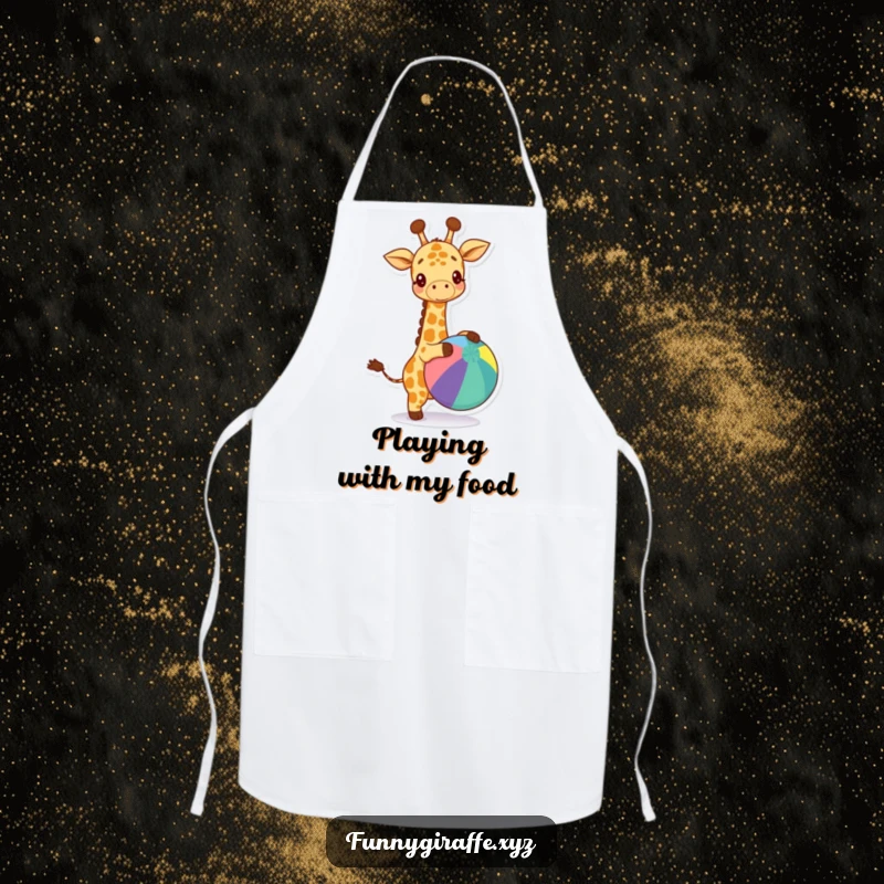 Funny kawaii giraffe apron showing a happy giraffe enthusiastically bouncing a large colorful ball. Protects clothes while cooking.