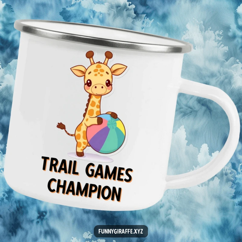 Funny kawaii giraffe camping mug showing a happy giraffe bouncing a large colorful ball, perfect for outdoor enthusiasts. Sturdy enamel.