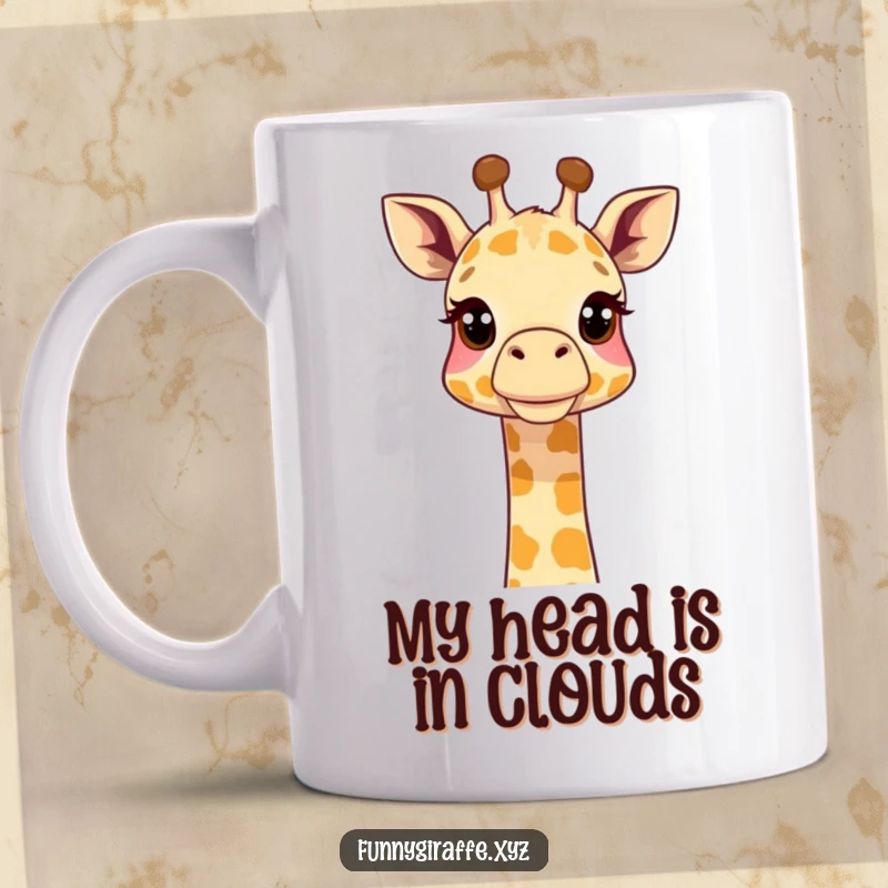 Funny giraffe mug with its long neck stretched curiously upwards, observing something fascinating above. Ideal for animal enthusiasts.