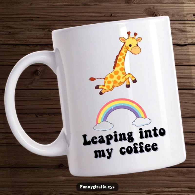 Funny Kawaii Giraffe Mug: cute giraffe joyfully leaping over a sparkling rainbow, expressing happiness and a sense of wonder.