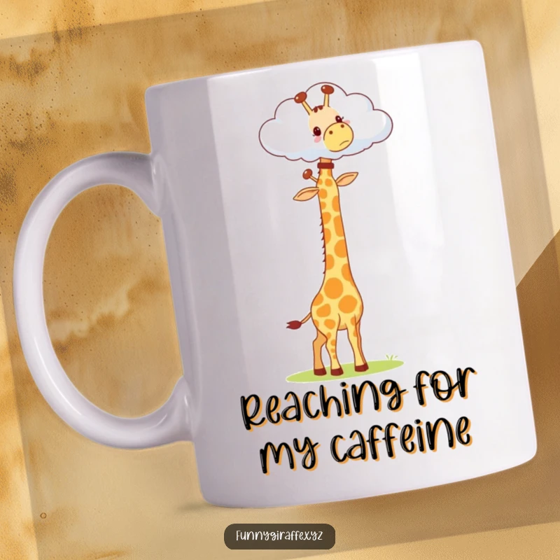Funny Kawaii Giraffe Mug: adorable long-necked giraffe stretching high to touch a fluffy cloud, expressing playful determination and humor.