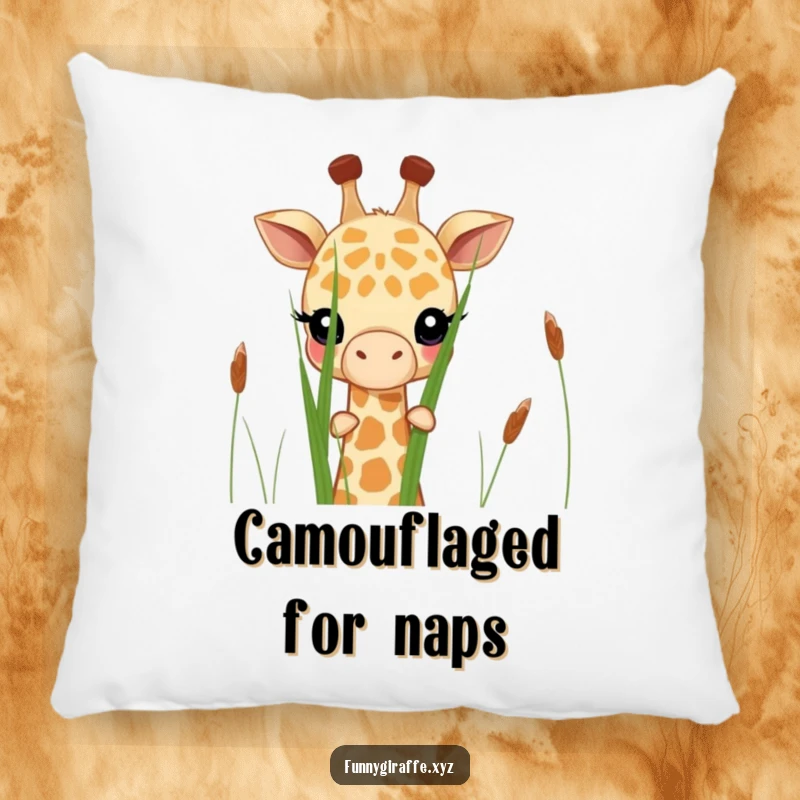 Funny shy giraffe pillow with a cute giraffe peeking shyly from behind tall grass stalks, offering comfort and charm.