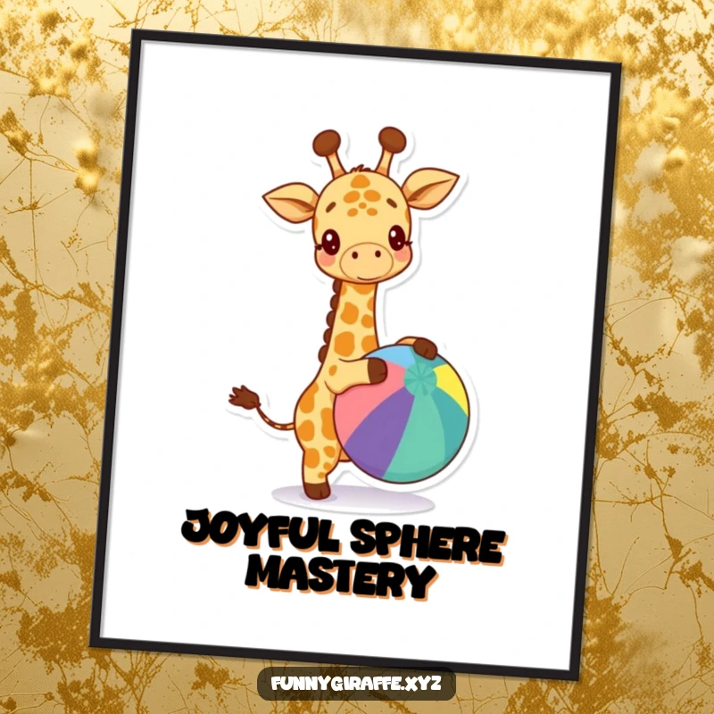 Funny kawaii giraffe digital art print of a happy giraffe bouncing a large colorful ball, ready for instant download.