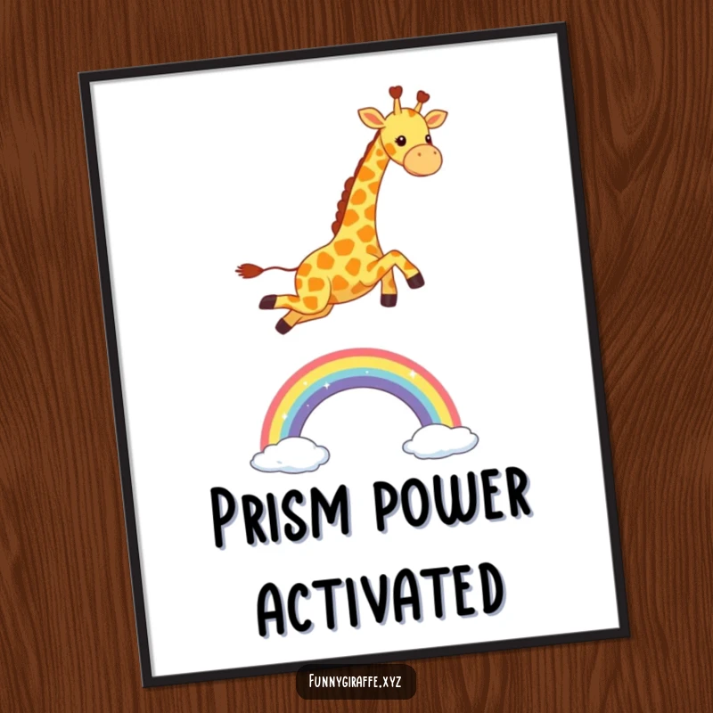 Funny Kawaii Giraffe Digital Art Print: high-resolution image of a cute giraffe joyfully leaping over a sparkling rainbow, full of vibrant happiness.