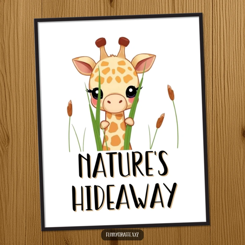 Funny shy giraffe digital art print of a giraffe peeking shyly from behind tall grass stalks, ideal for framing.
