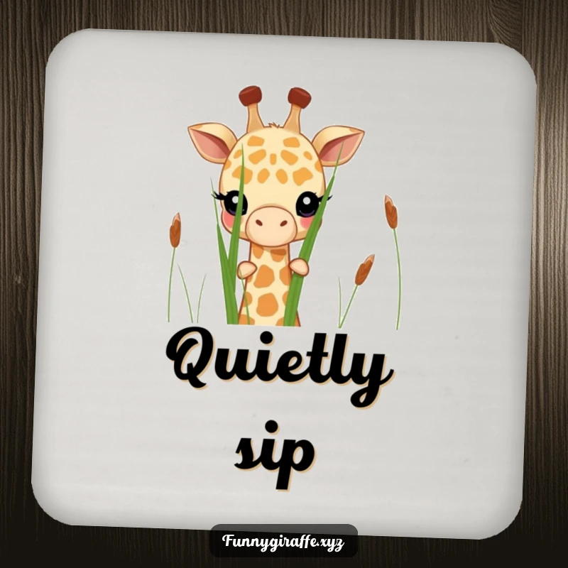 Funny shy giraffe coaster showing a giraffe peeking shyly from behind tall grass. Protects surfaces with style.