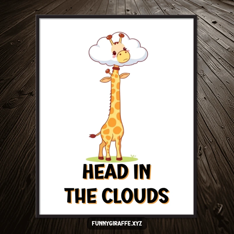 Funny Kawaii Giraffe Poster: wall art featuring a cute giraffe stretching its long neck to touch a fluffy cloud, bringing smiles.