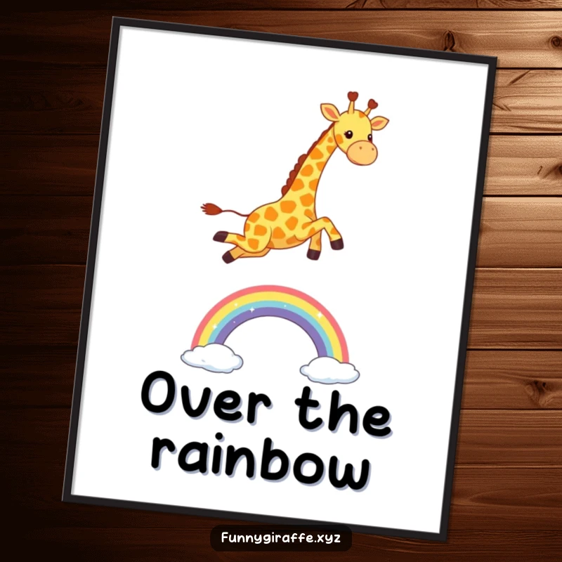 Funny Kawaii Giraffe Poster: colorful wall art of a cute giraffe joyfully leaping over a bright, sparkling rainbow, full of optimism.