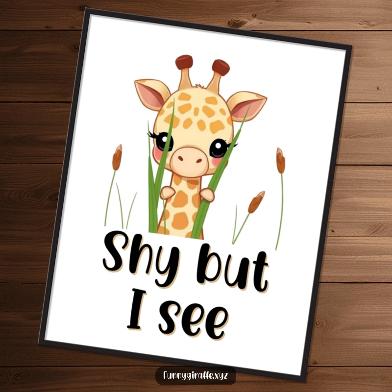 Funny shy giraffe poster showcasing a cute giraffe peeking shyly from behind tall grass stalks. Perfect for gentle decor.