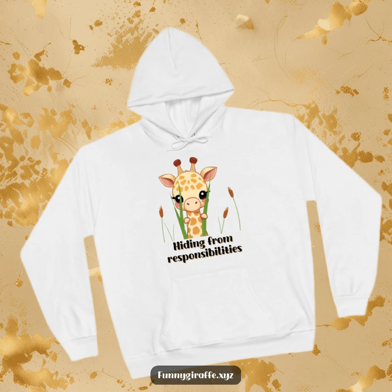Funny shy giraffe hoodie depicting a cute giraffe peeking from behind tall grass, offering warmth and a subtle smile.