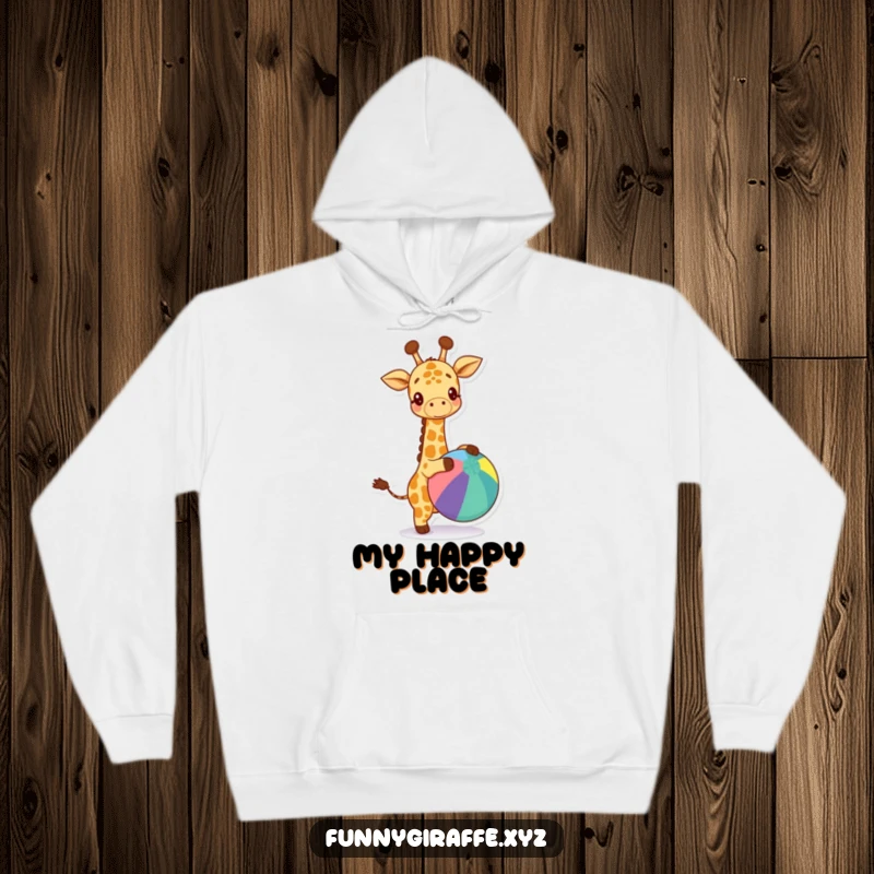 Funny kawaii giraffe hoodie illustrating a joyful giraffe happily bouncing a large, vibrant ball. Comfortable and stylish.