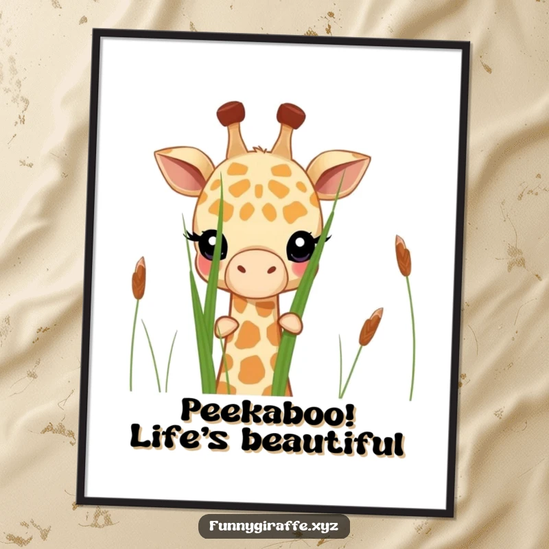 Funny free printable wall art: A shy giraffe's face and neck are partially visible as it peeks from behind tall grass.