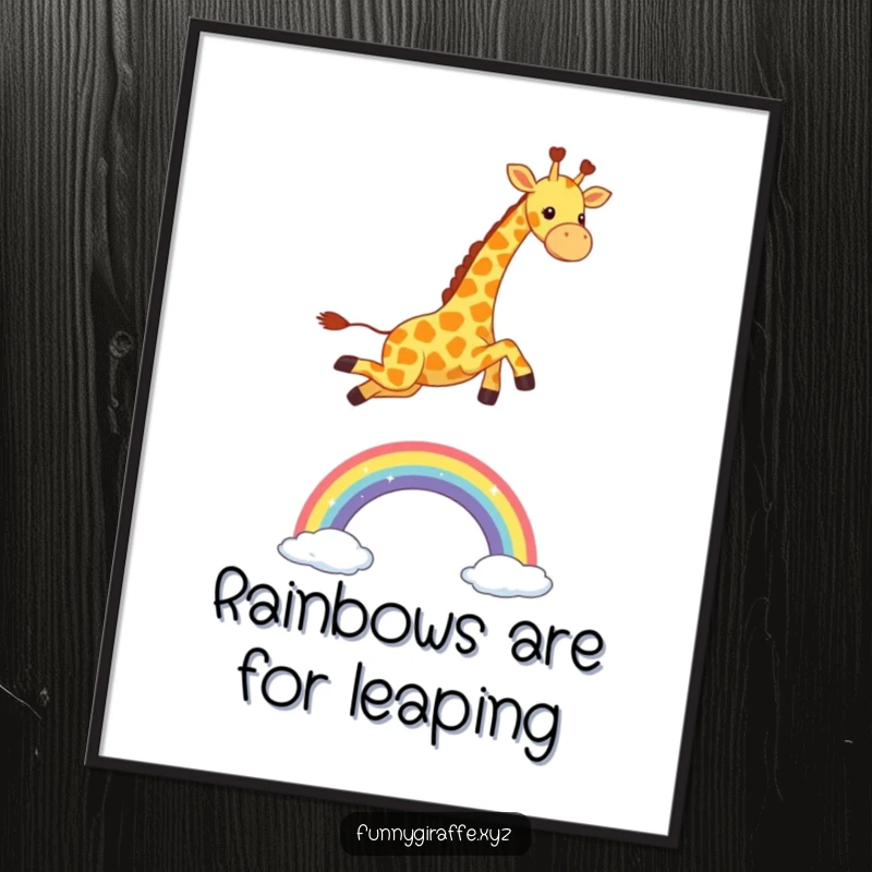 Funny Free Printable Wall Art: An ecstatic kawaii giraffe captured mid-leap over a vibrant, sparkling rainbow.