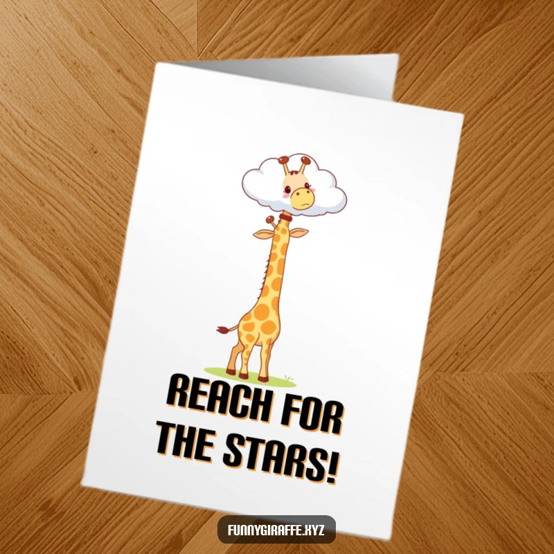 Funny Free Printable Birthday Card: Kawaii giraffe with a long neck playfully reaching for a fluffy cloud above.