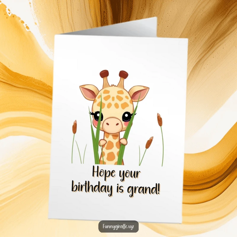 Funny free printable birthday card: A shy giraffe's head and neck peeking curiously from behind tall, green grass stalks.