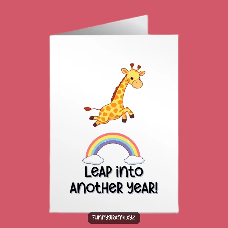 Free Printable Birthday Card: Funny Kawaii Giraffe Leaps Over Rainbow, Hilarious Downloadable Gift