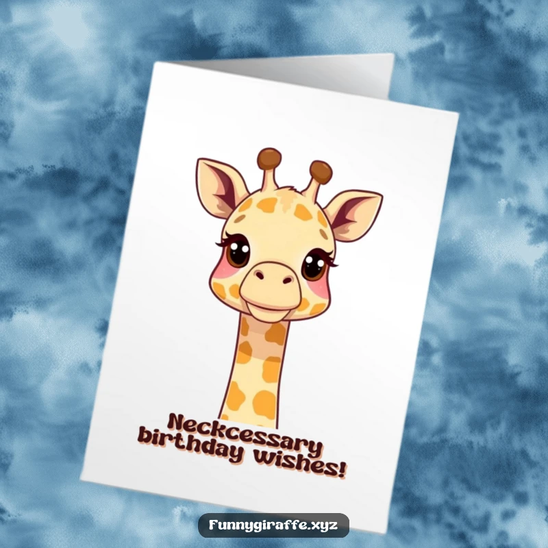 Funny free printable birthday card: A curious giraffe with its neck stretched high, looking up with wide, inquisitive eyes.