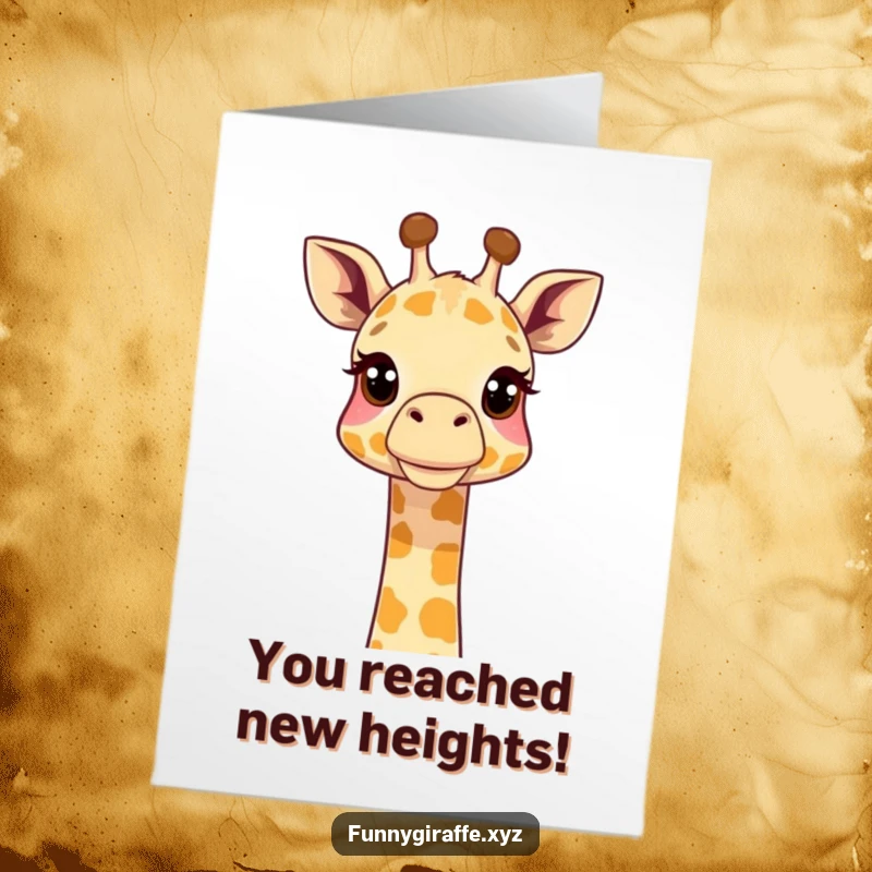 Funny free printable congratulations card: A tall giraffe curiously extending its neck upwards, symbolizing reaching new heights.