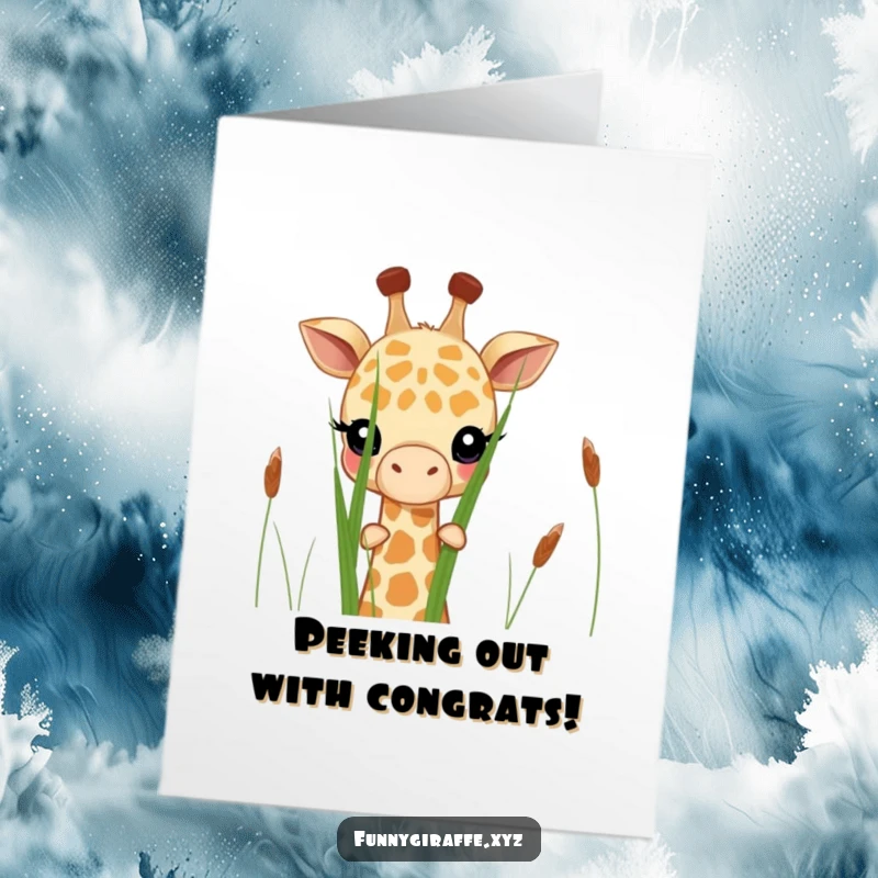 Funny free printable congratulations card: A shy giraffe cautiously peeking its head out from behind a curtain of tall grass.