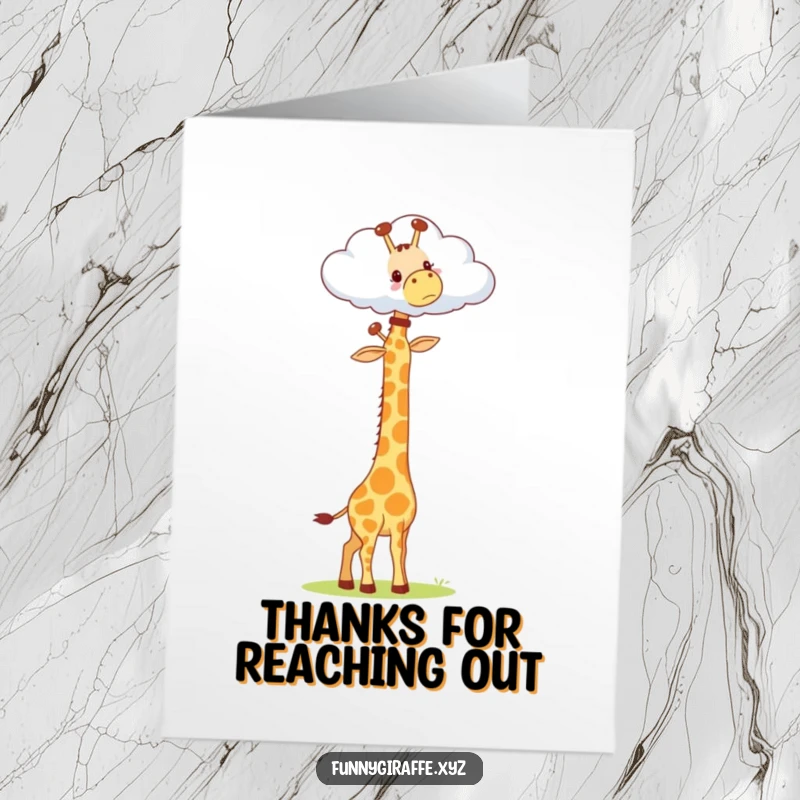 Funny Free Printable Thank You Card: A cute kawaii giraffe with an extended neck reaching for a fluffy cloud.