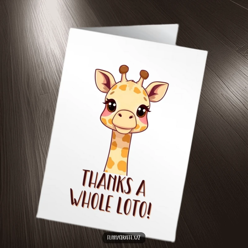 Funny free printable thank you card: A giraffe with its neck curiously craned upwards, expressing a unique sense of wonder.