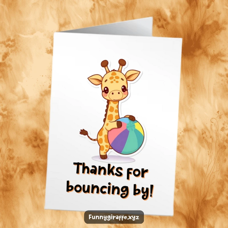Funny free printable thank you card: A kawaii giraffe happily bouncing a large, vibrant ball, a picture of pure glee.