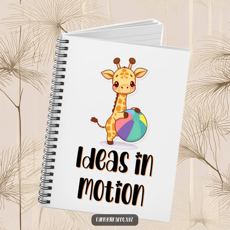 Funny kawaii giraffe notebook featuring a happy giraffe bouncing a colorful ball. Ideal for writing, drawing, and planning.