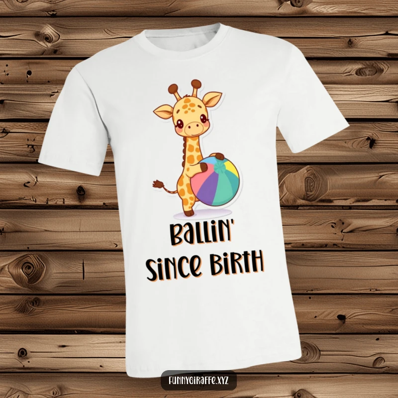 Funny kawaii giraffe t-shirt depicting a super happy giraffe enthusiastically bouncing a big colorful ball. Cute and vibrant.