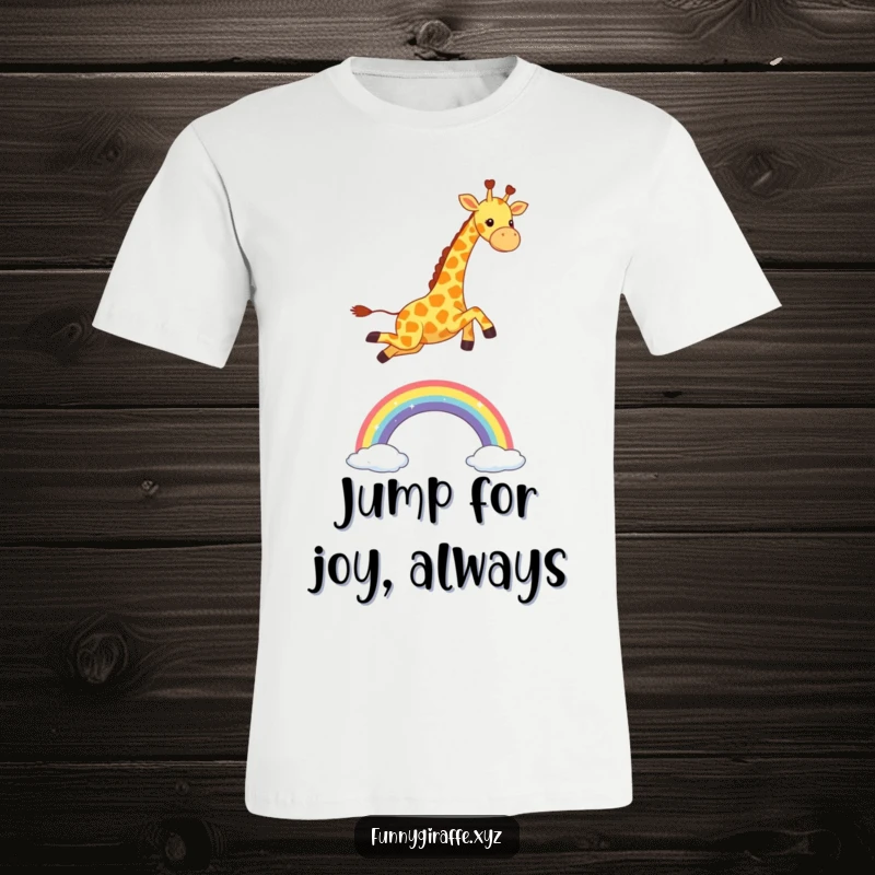 Funny Kawaii Giraffe T-Shirt: colorful tee with a cute giraffe leaping joyfully over a sparkly rainbow, full of fun.