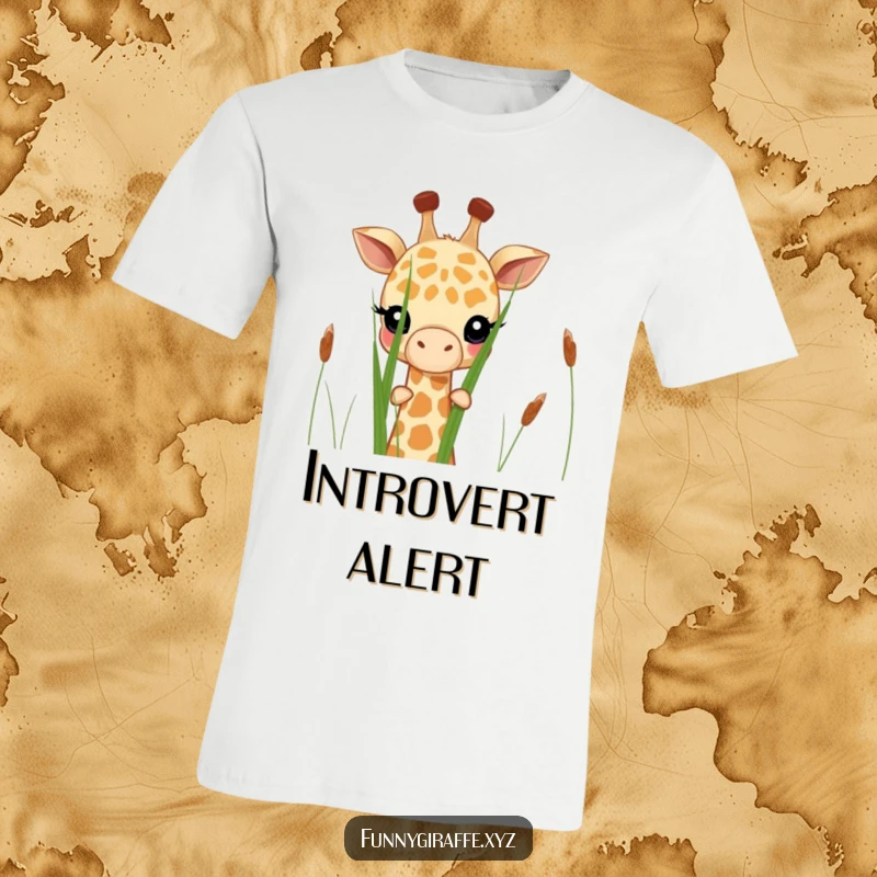 Funny shy giraffe t-shirt with a cute giraffe peeking shyly from behind tall blades of grass. Soft and comfortable fit.