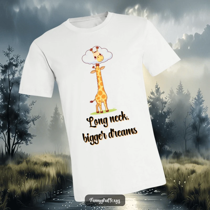 Funny Kawaii Giraffe T-Shirt: cute long-necked giraffe stretching its neck way up to a floating cloud, exuding comical effort.