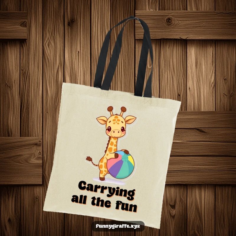 Funny kawaii giraffe tote bag showing a happy giraffe bouncing a large colorful ball, perfect for shopping or daily use.