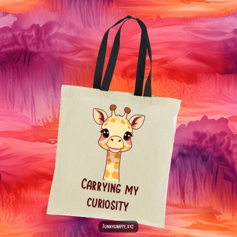 Funny giraffe tote bag featuring a giraffe with its neck stretched curiously upwards, ready for adventure. Durable and stylish.