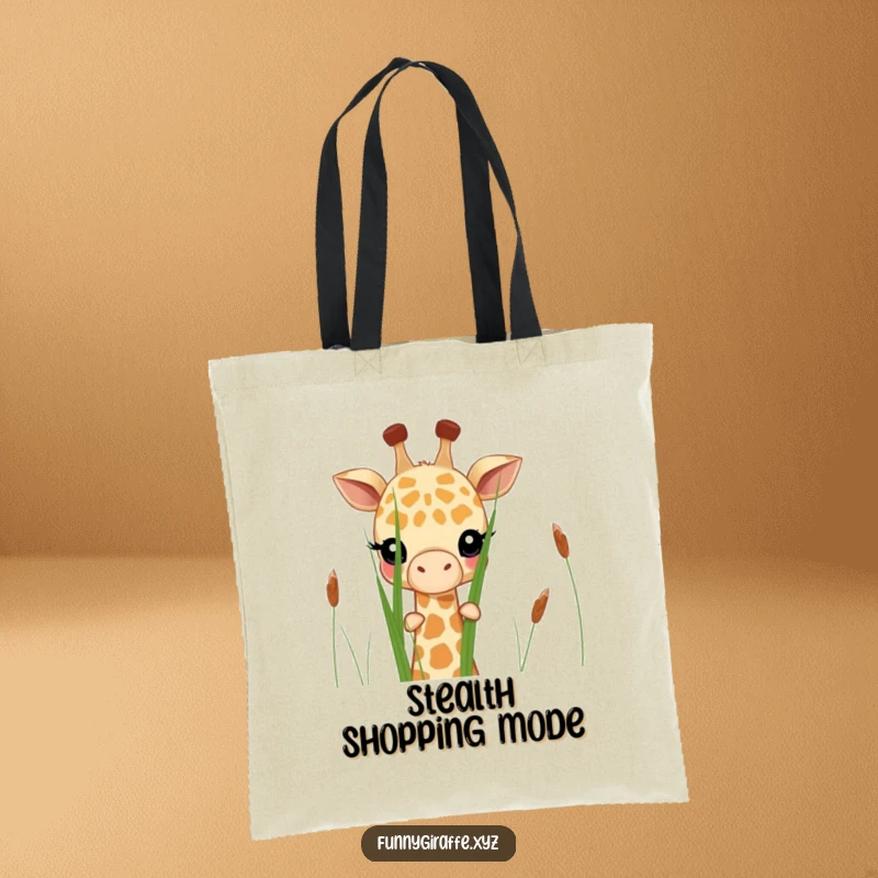 Funny shy giraffe tote bag featuring a giraffe peeking shyly from behind tall grass stalks. Practical and adorable.